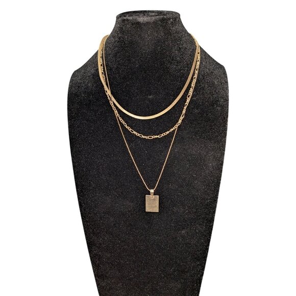Layered Gold/Copper-Tone Necklace with Rectangular Pendant & Adjustable Chain - Picture 1 of 9